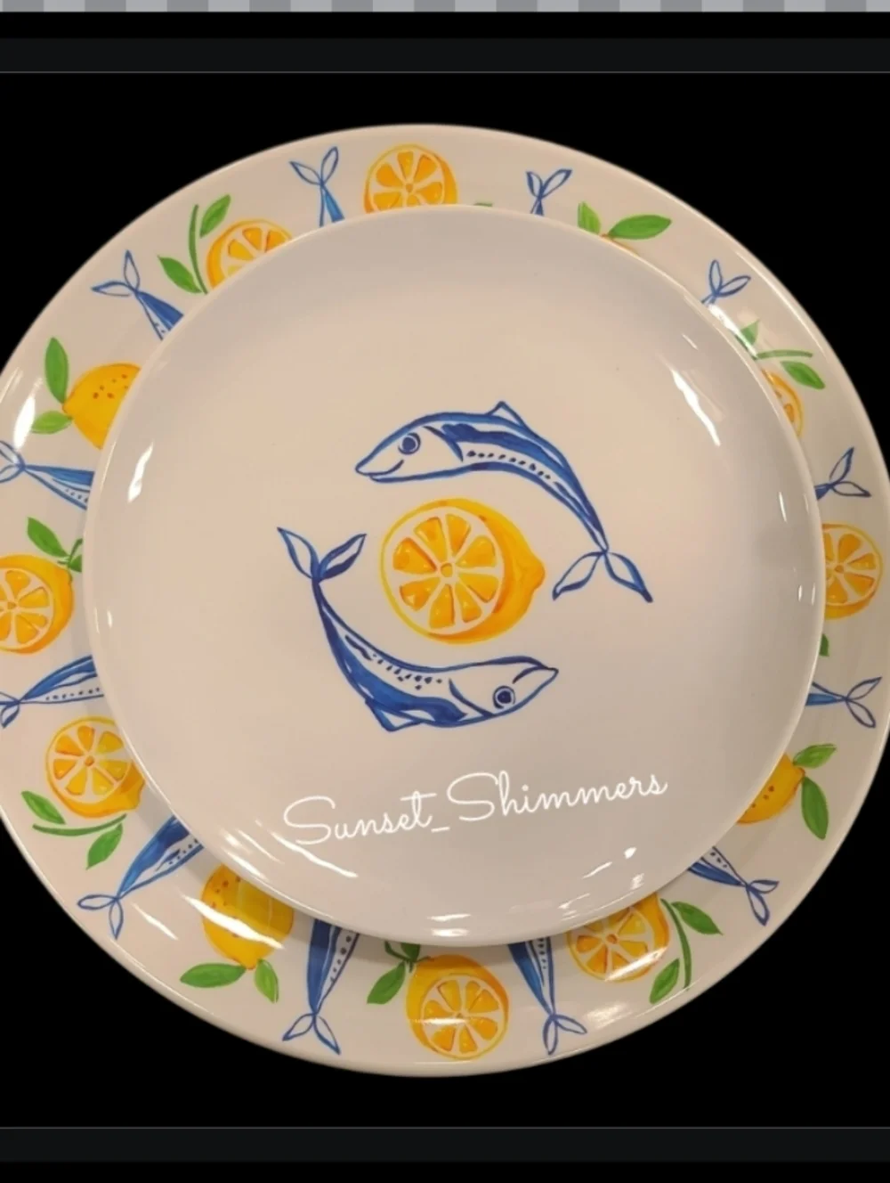 8 Tommy Bahama Sardine Lemon Blue Fish MELAMINE Dinner & Salad Plates Set New - Picture 6 of 8
